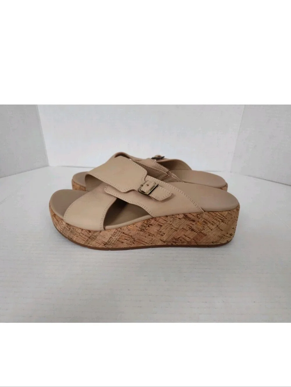 Abeo Dylan Solstice Criss Cross Leather Slide Sandals Beige Size 9.5 Cork Wedge